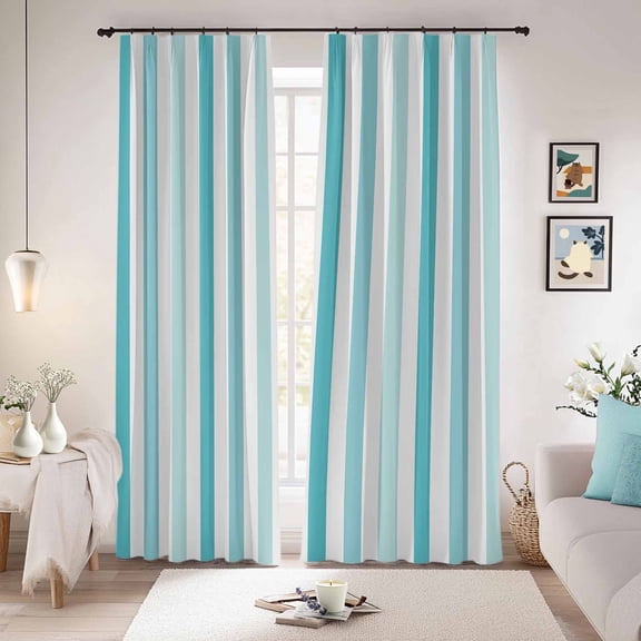 Teal Aqua Stripe Blackout Curtains for Bedroom/Living Room, Pinch Pleated Black Out Curtains, Gradient Geometric White Vertical Striped Room Darkening Window Drapes with Hooks 2 Panels, 59"x70"