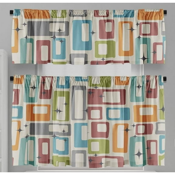 Retro Mid Century Kitchen Curtains Short and Valance Set Red and Green Vintage 1950s Tiles Squares Dining Room Fabric Curtain Drapes Cafe Curtains Valance for Home Decor
