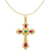 Carat In Karats 14K Yellow Gold Ruby And Emerald Cabochon Cross Pendant (44mm X 25mm) on a 18 Inch 14K Gold Rope Chain Necklace