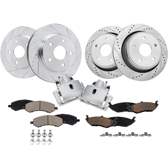 Detroit Axle - 5 Lugs Front & Rear Drilled Rotors Brake Pads   Rear Brake Calipers Replacement for Dodge Ram 1500 Durango Aspen - 10pc Set