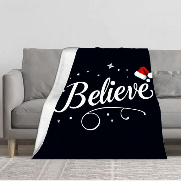 Durable Soft & Warm Flannel Blanket - Cozy Festive Design with Elegant Cursive ' Believe ' Perfect for Sofa Travel Bed & Chair