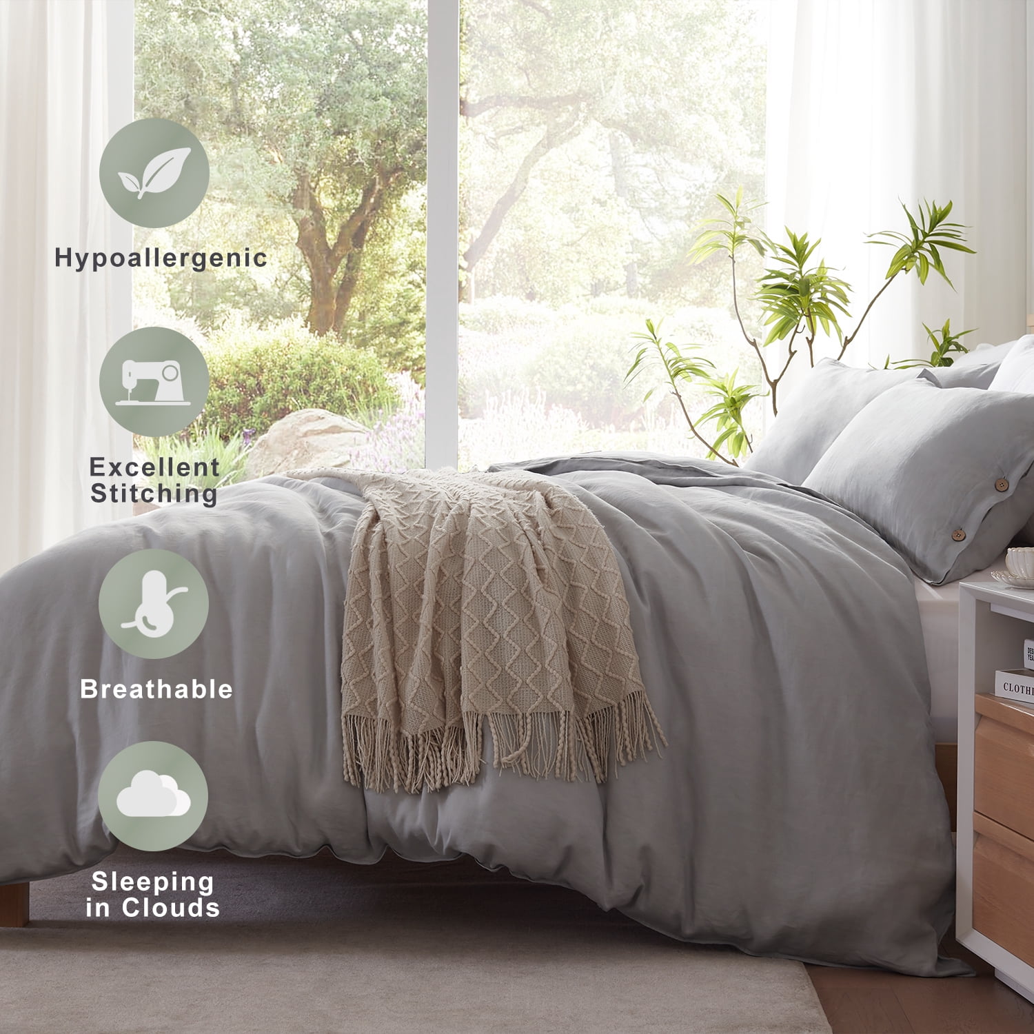 TOSMO 100% Linen Duvet Cover Set with Button Closure, 3 Pieces (1 Duvet Cover with 2 Pillowcases), Soft Breathable Durable Farmhouse Bedding