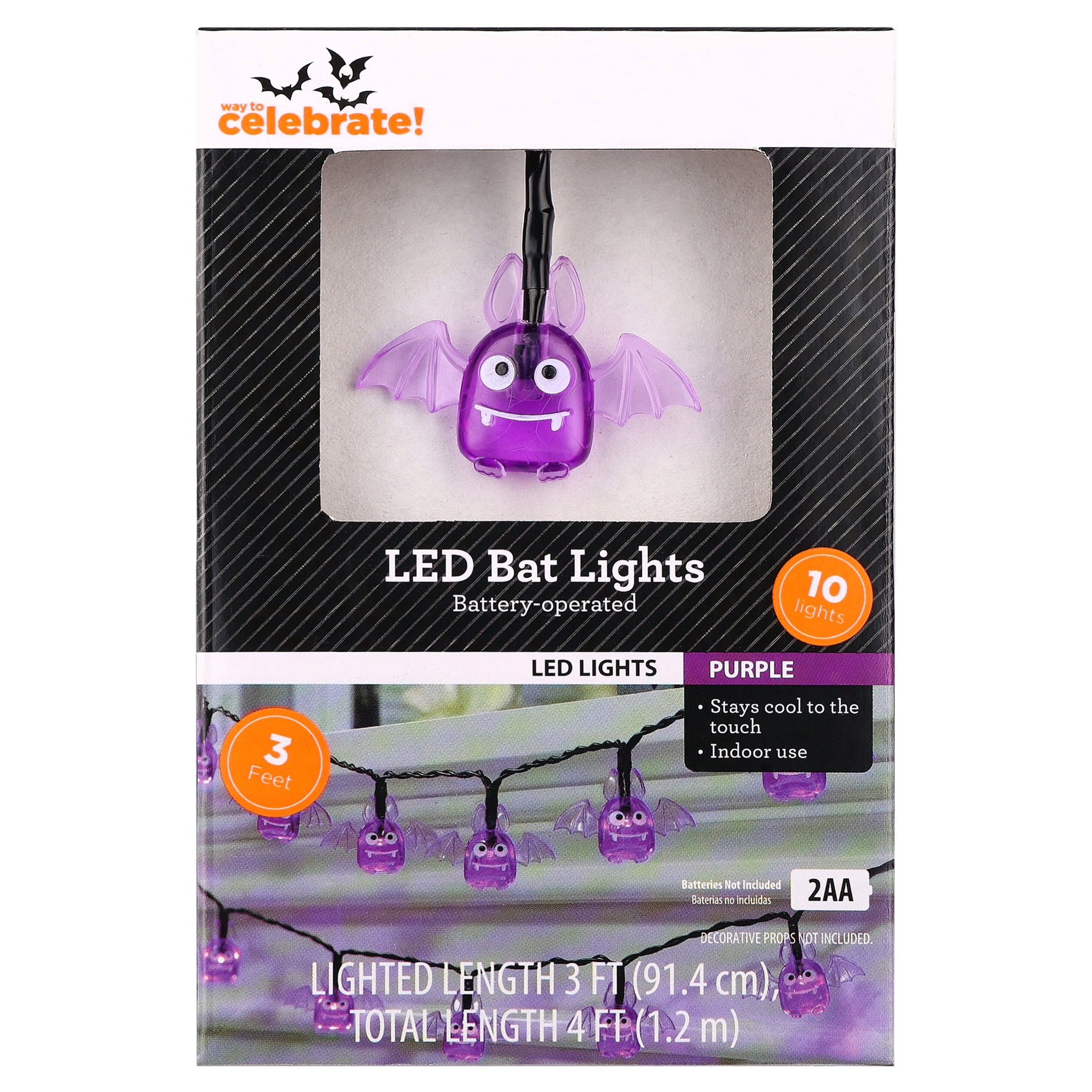 Indoor 10-Count Battery-Operated LED Bat String Lights, Purple, 3', Halloween by Way To Celebrate