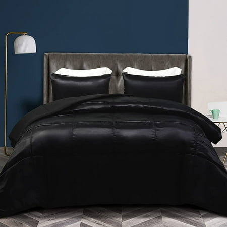 Whale Flotilla 3-Piece Reversible King Size Comforter Set/ Bedding Set, Soft Satin Comforter with 2 Satin Pillowcases, Lightweight Duvet Set for All Seasons, 90"X102", Black