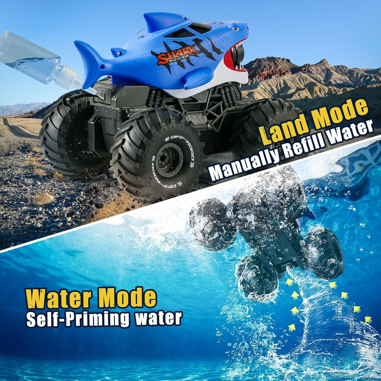 Mini Tudou Off-Road Monster Truck,Waterproof RC Monster Trucks with Water Squirt and Lights,4WD RC Car 2.4Ghz 6+,Remote Control Cars for Kids Adults