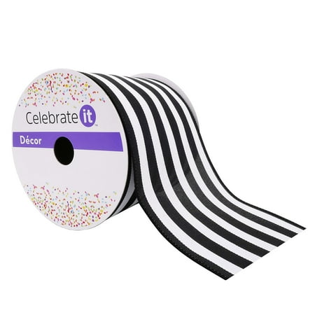 UPC: 0191518420999 | 4 Faux Linen Wired Black & White Stripe Ribbon by Celebrate It™