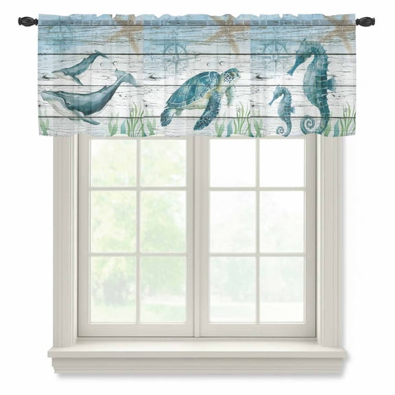 Sea Turtle Valance Curtains for Kitchen/Living Room/Bathroom/Bedroom Window, Rod Pocket Small Topper Half Short Window Curtains Sheer Scarf, Coastal Seahorse Whale Octopus Ocean Seagrass 54"x18"