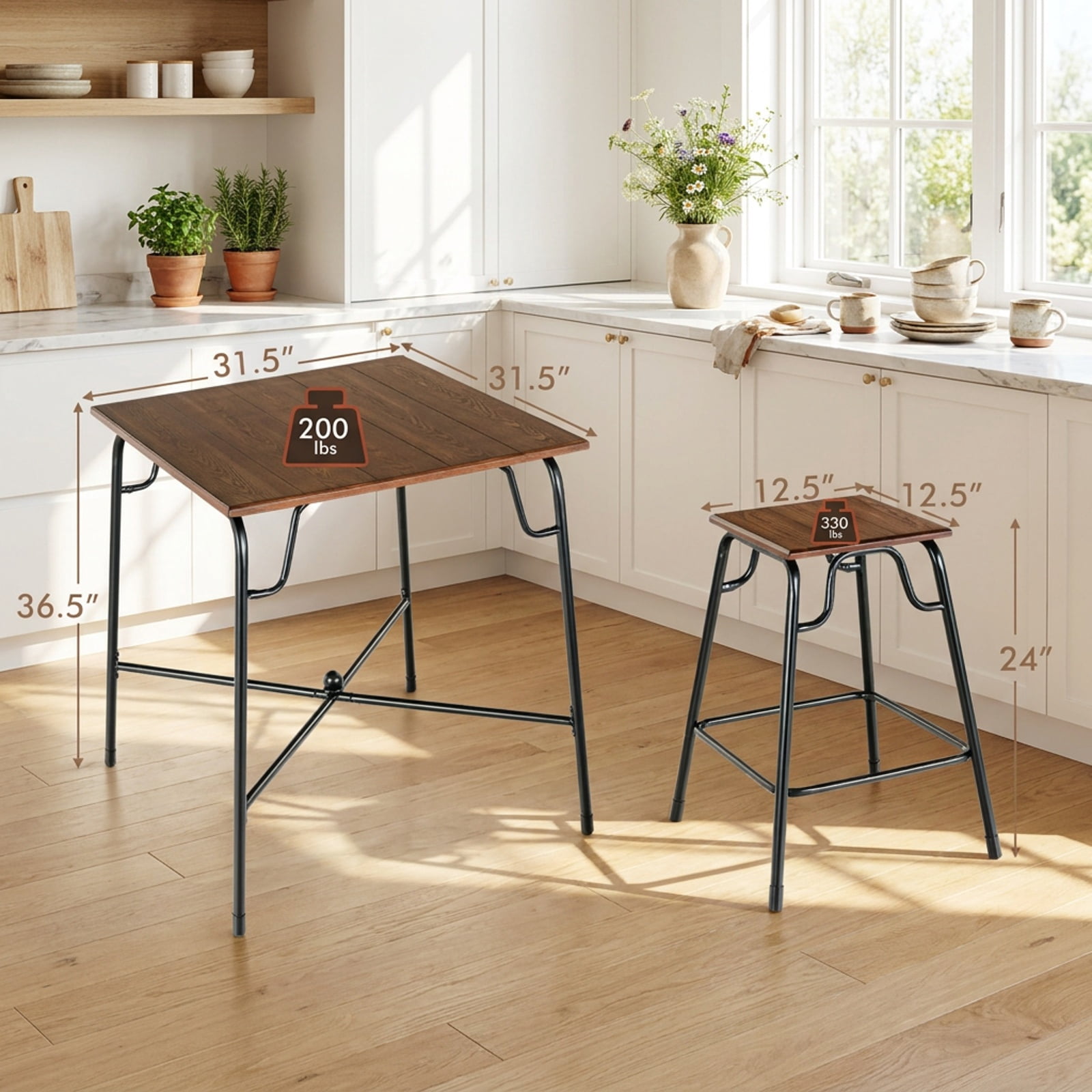 Furnibear 5 Pieces Bar Table Set with 4 Counter Height Backless Stools for Kitchen Dining Room Breakfast Nook Home, Rustic Brown