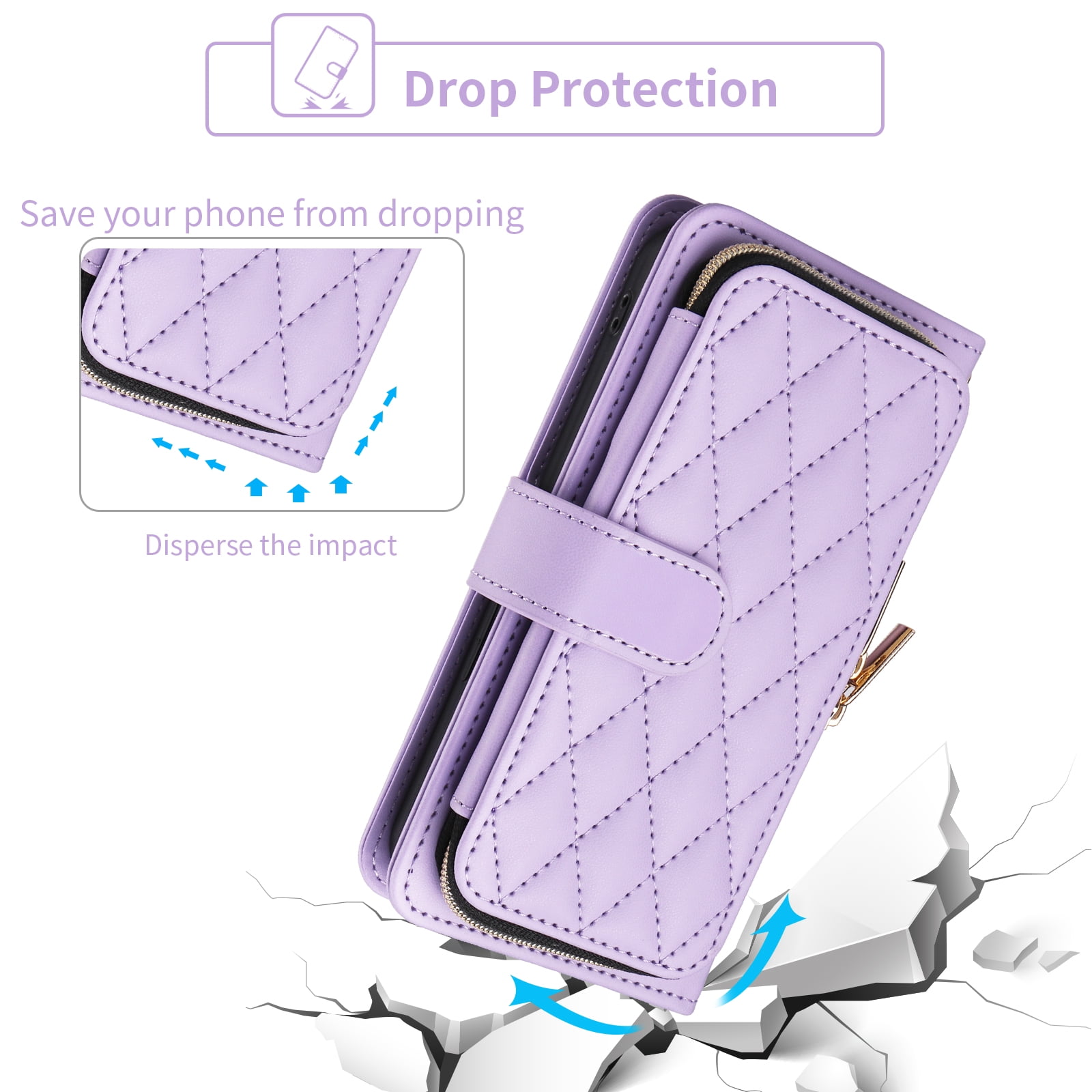 Furiet Wallet Case for Google Pixel 7 5G with Wrist/Shoulder Strap, Card Slots Zipper Flip Purse Luxury PU Leather Card Holder Stand Cell Phone Cover for Pixel7 Pixle Seven 6.3 Women Girls Purple