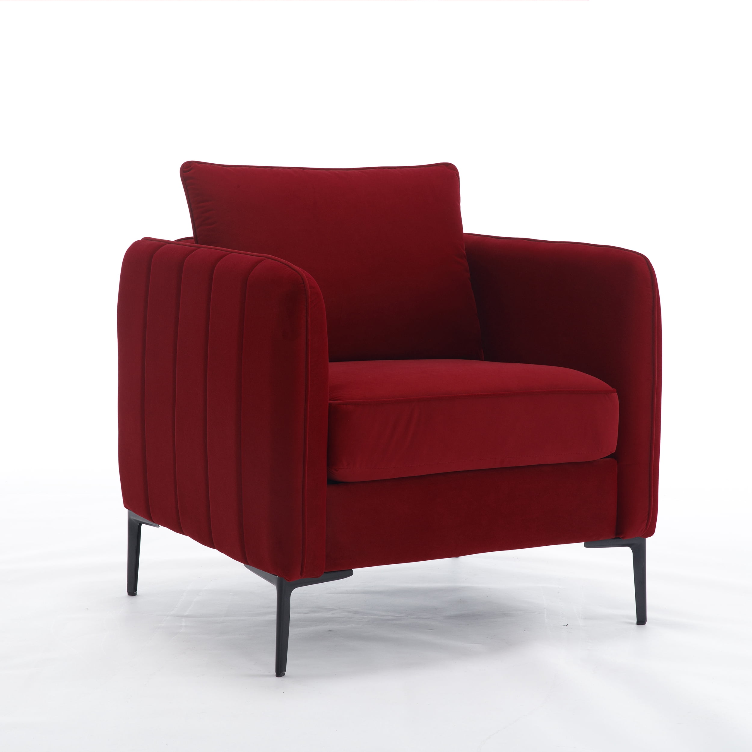 Aukfa Velvet Accent Chair with Channel-Tufted Arms, Modern Single Sofa Chair with Pillow & Metal Legs for Living Room & Bedroom, Burgundy Red