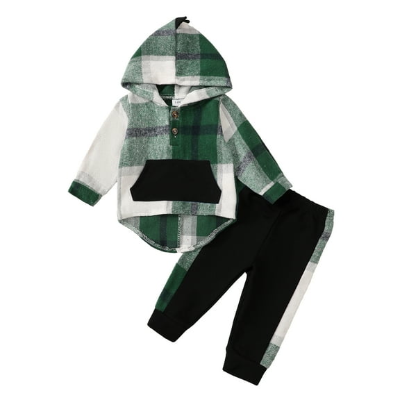 12 Months Baby Boys Clothes 18 Months Boys 2PCS Fall Winter Hoodie Outfits Set Toddler Boys Long Sleeve Plaid Top Pants Set Green