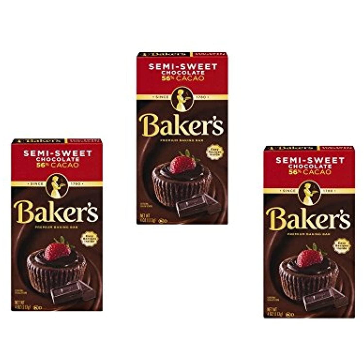 Bakers Baking Chocolate Bar 56 Cacao SemiSweet, 4 Oz (Pack Of 3