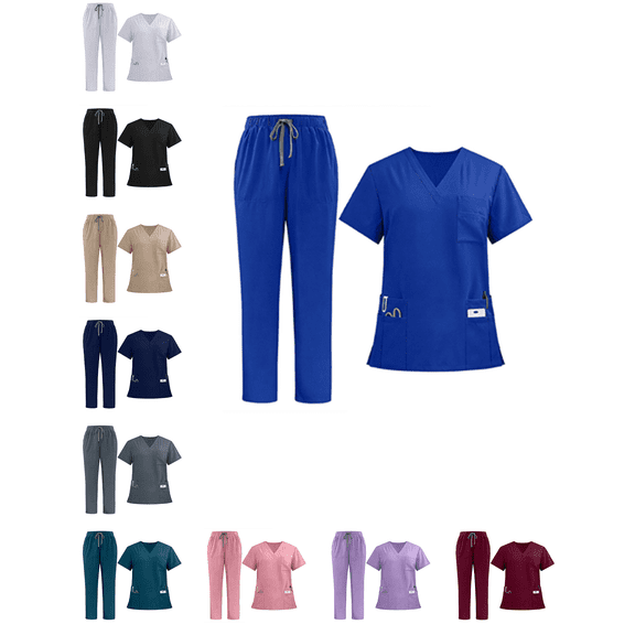 Busydd Scrub Sets for Woman V Neck Short Sleeve Scrub Top and Drawstring Pants Two Piece Work Sets Casual Solid Color Uniform Scrubs S