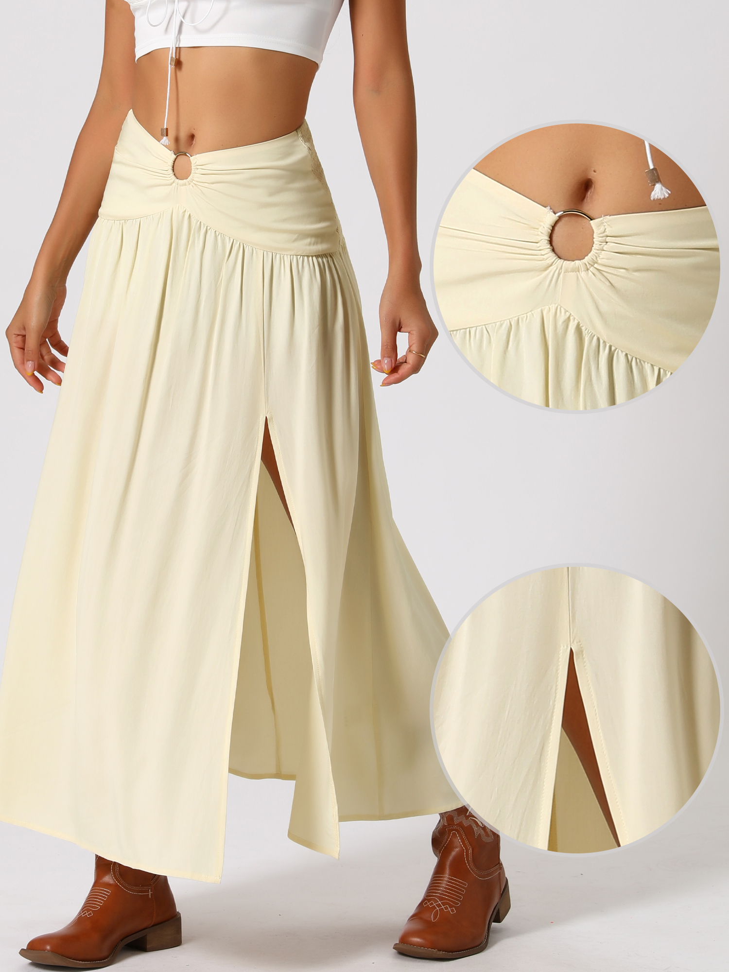 DARING DIVA Women High Waist Split Side Summer Maxi Beach Skirt L Apricot