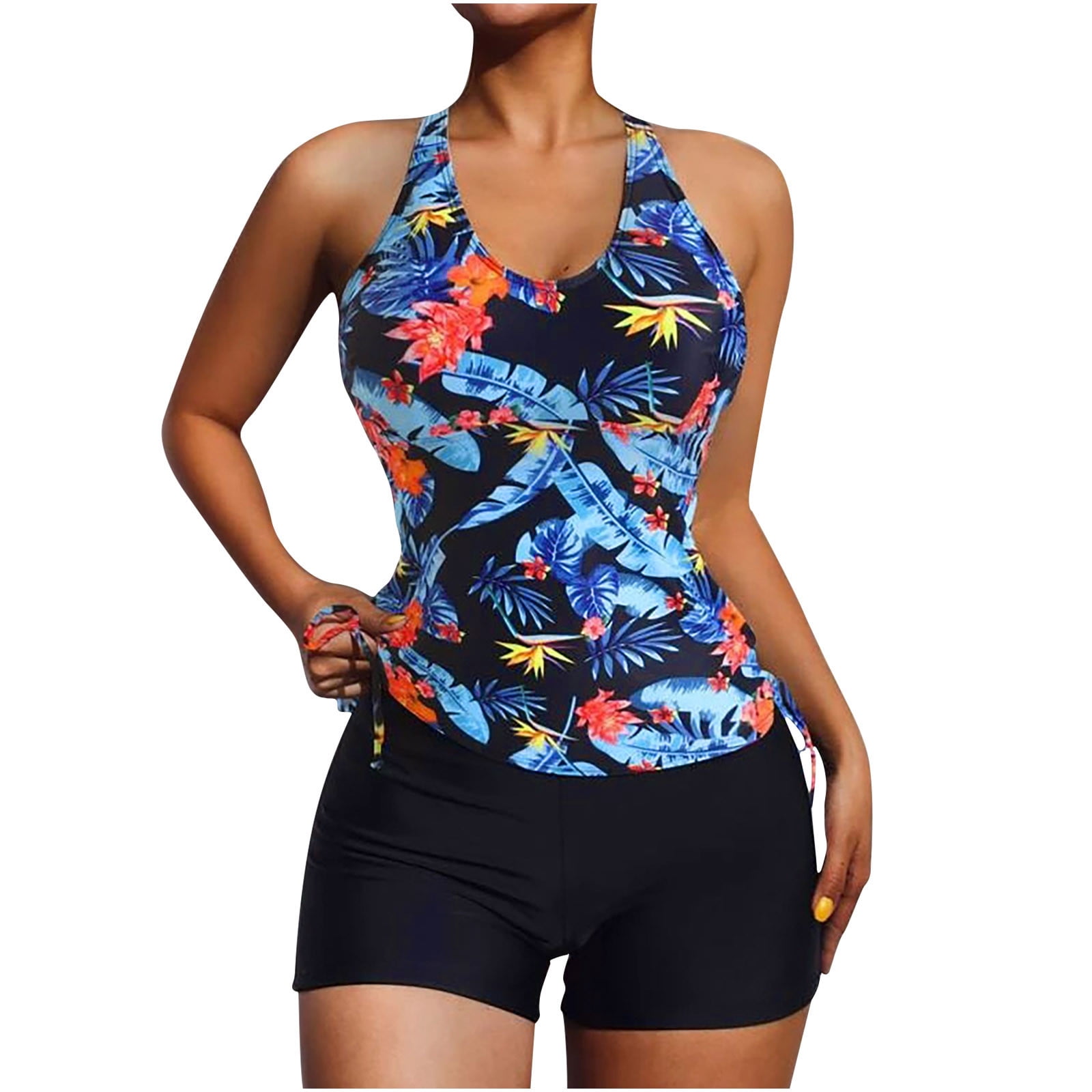 RKSTN Modest Tankini Swimsuits for Women Two Piece Bathing Suits Floral Print Tank Top with Boyshorts Tummy Control Swimming Suits