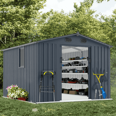 Atumcto 8 x 10 ft Outdoor Storage Shed, All-Weather Metal Garden Shed, Lockable Doors & Windows for Poolside, Backyard, Patio
