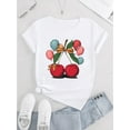 thumbnail image 2 of Camiseta informal para mujer con estampado de cerezas y globos, detalle de lazo, cuello redondo, manga corta, tejido de punto de algodón, cómoda camiseta de verano para todas las estaciones, ideal par, 2 of 7