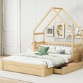 thumbnail image 2 of Euroco Wood Queen Bed, House Platform Bed with 2 Storage Drawers for Adults, Natural, 2 of 12