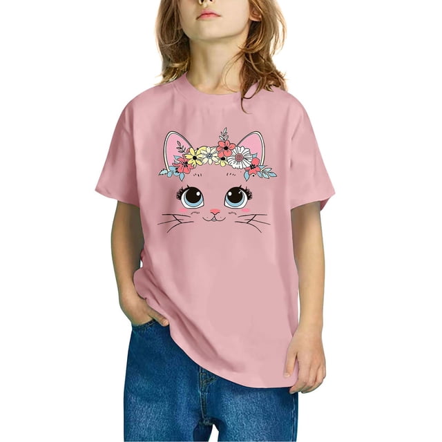 Rbaofujie T-Shirts Graphiques Mignons de Chat pour Fille Manches Courtes Hauts d'Été