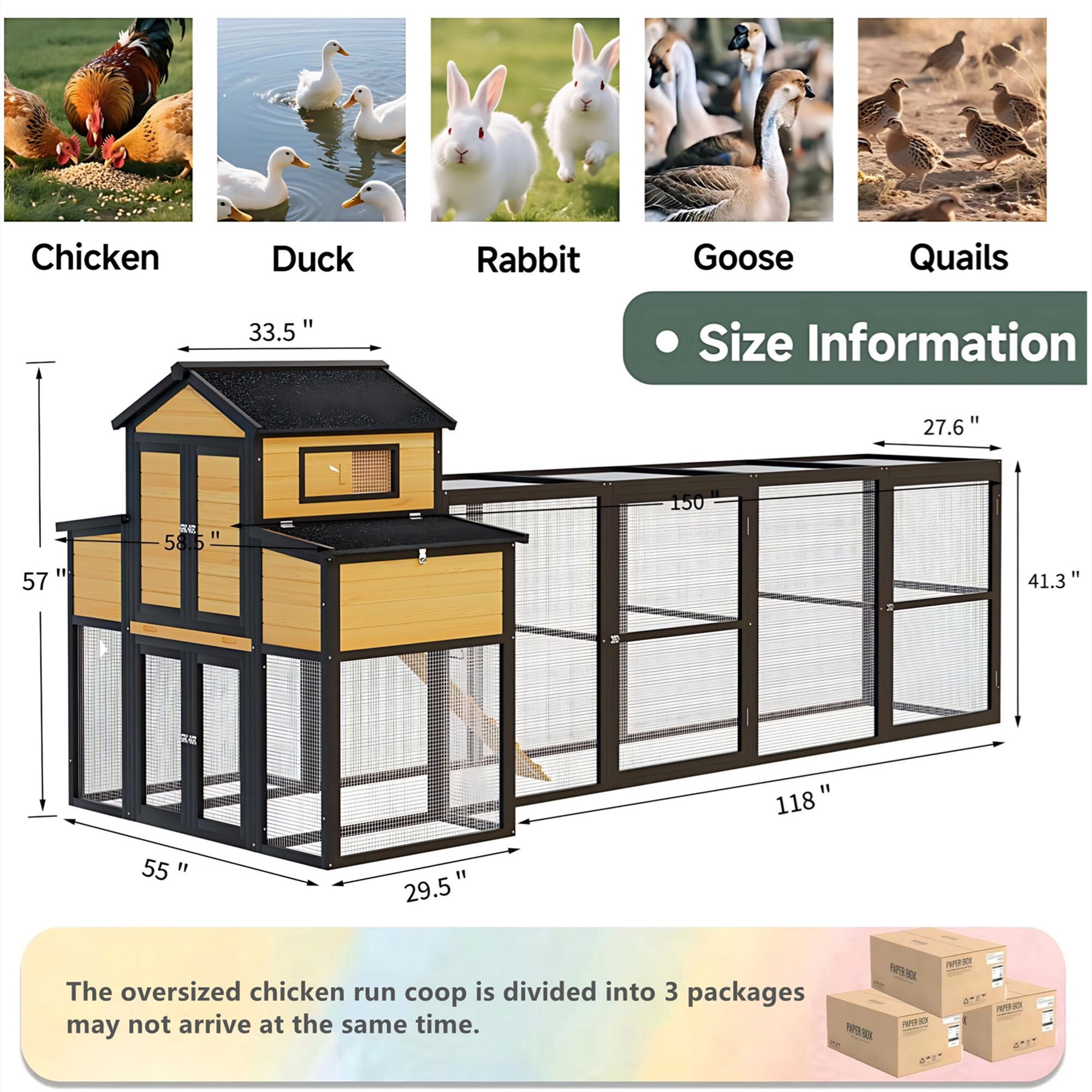 Aukfa 150" Extra Large Chicken Coop Wooden 2 Tier Chicken Run Cage with 4 Nesting Boxes, Waterproof Roof for Outdoor, Backyard, Black