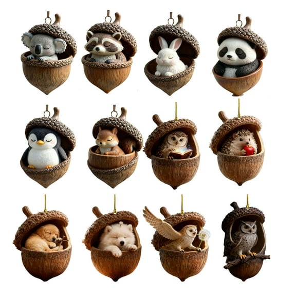 12PCS Forest Animal Acorn Ornaments, Cozy Forest Woodland Christmas Ornaments, Pine Cone Animal Deco for Christmas Tree, Squirrel Acrylic Hanging Ornament for Home Decor