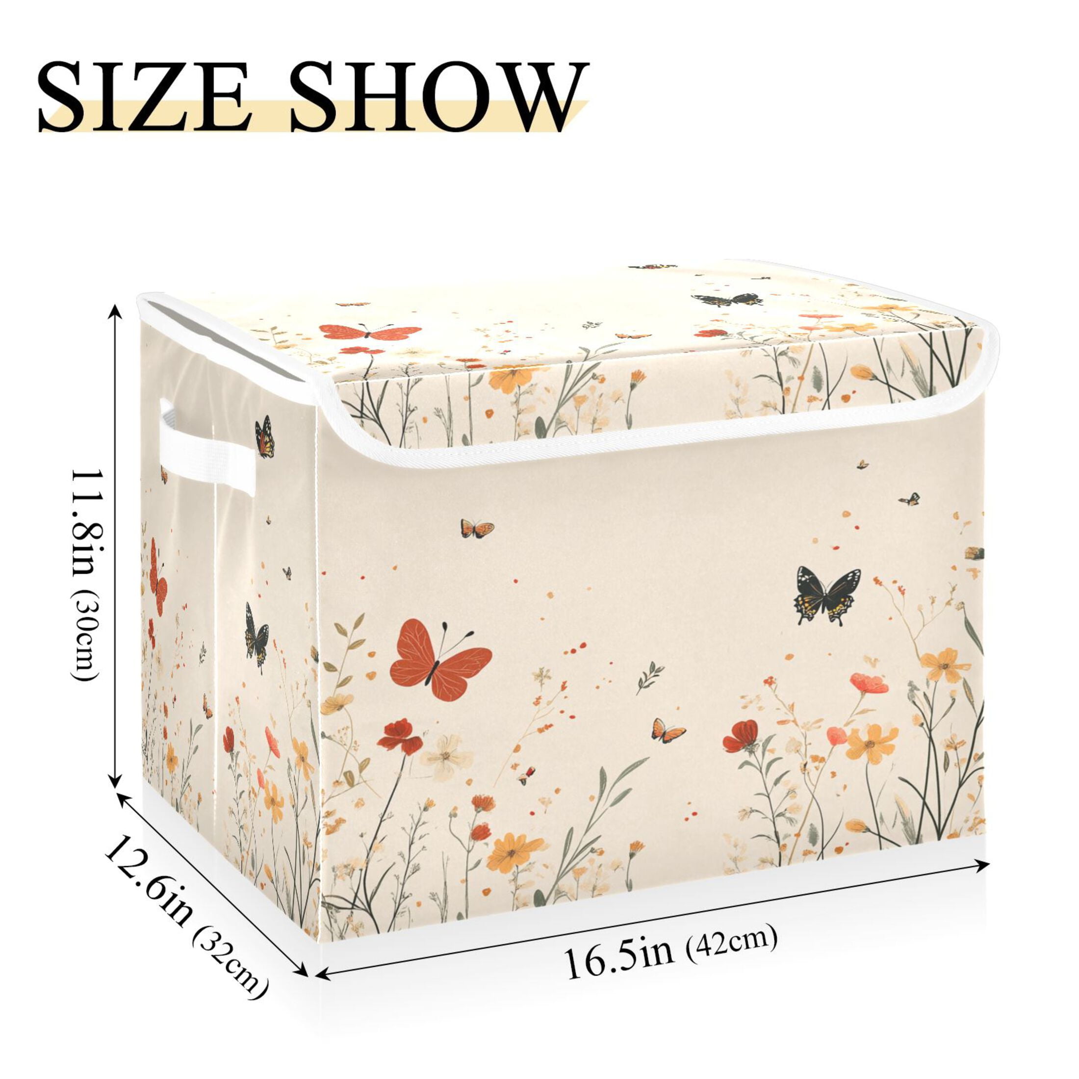 WOBOGO Butterfly Wildflower Pictures Large Collapsible Storage Box Flip Lid Fabric Decorative Organizer Container Basket with Handles 16.5×12.6×11.8in