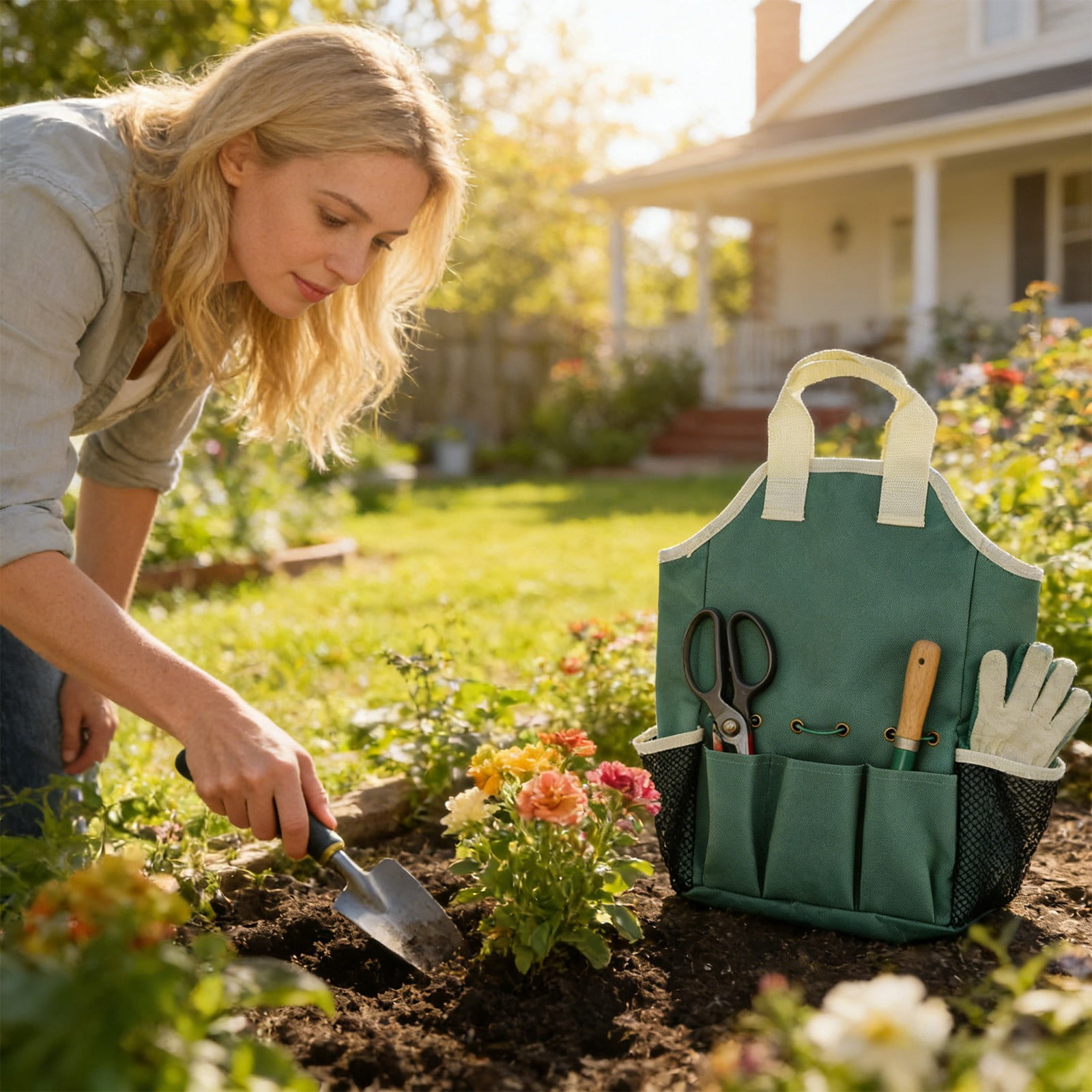 Multi Functional Folding Gardening Tool Storage Bag Handheld Organizer with Compartments, Heavy Duty Cloth Tote for Garden Tools Supplies