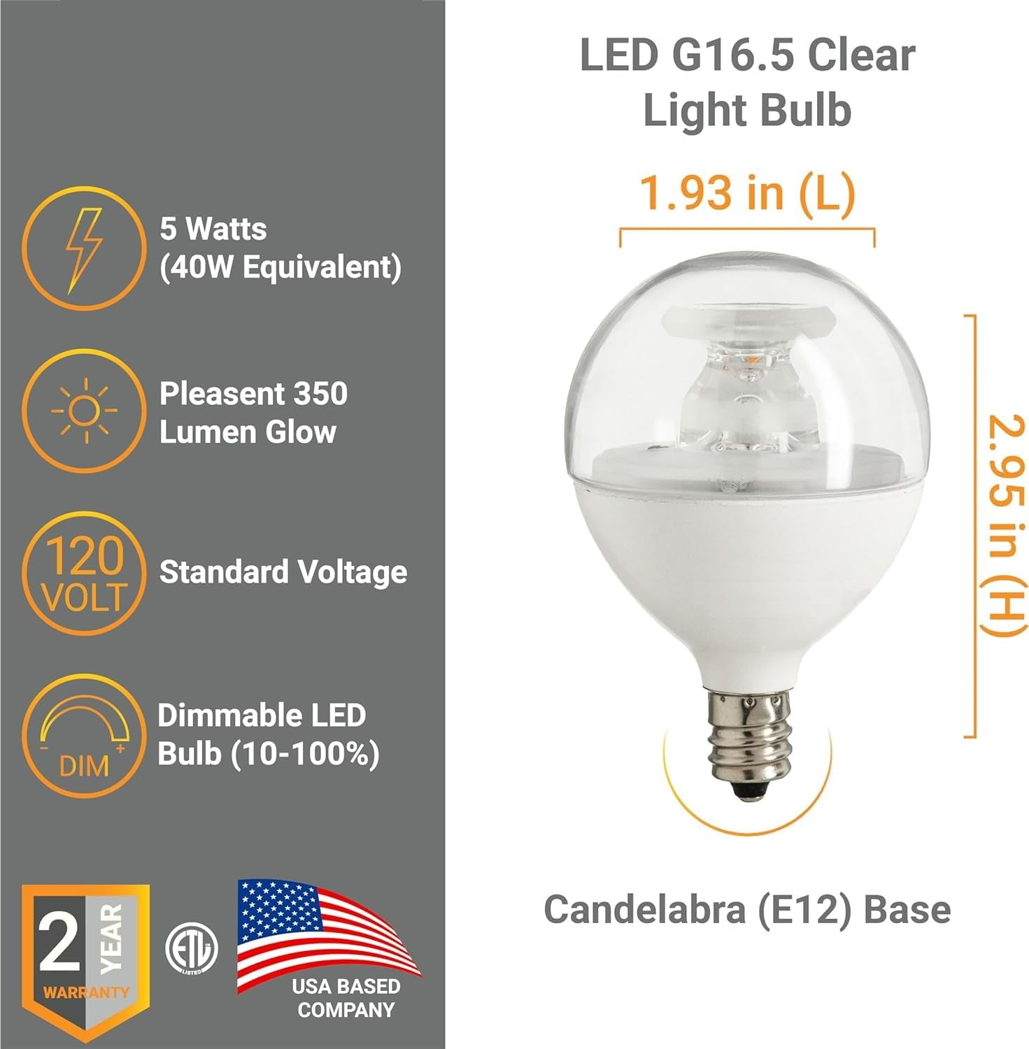 Diodesy- Pack of 6 G16.5/LED/5W/CL/40K/6PK G16.5 Dimmable Clear Globe Light Bulb, E12 Candelabra Base, 5 Watts (40W Equivalent), 4000K Cool White, Short Bulb for Chandelier, Ceiling Fan, Vanity Light