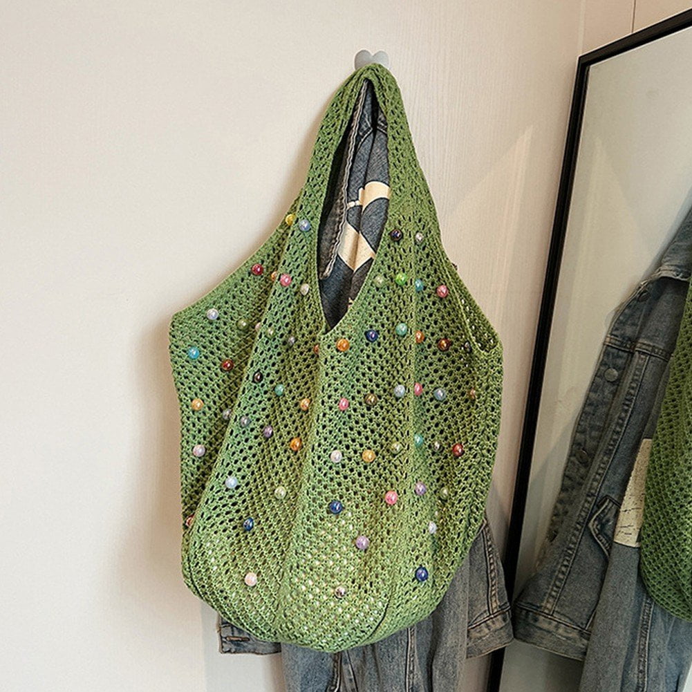 Jiibva Crochet Beach Bags Woven Travel Tote Boho Shoulder Bag Hollow Knitting Handbag Mesh Shoulder Bag Women Knitted Handbags for Holiday, Daily Work