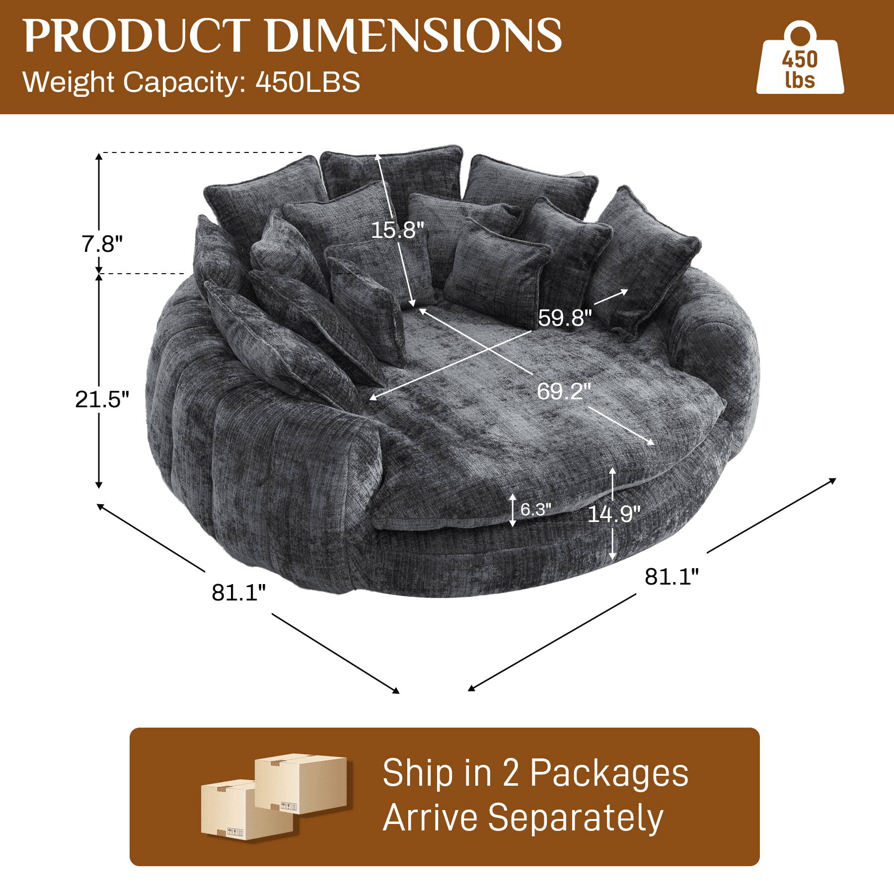 Rophefx 81.1" Oversized Round Chaise Lounge Sofa Bed,Fluffy Plush Cloud Couch with Deep Seat and 14 Pillows,Modern Comfy Couch for Living Room Apartment,Dark Grey