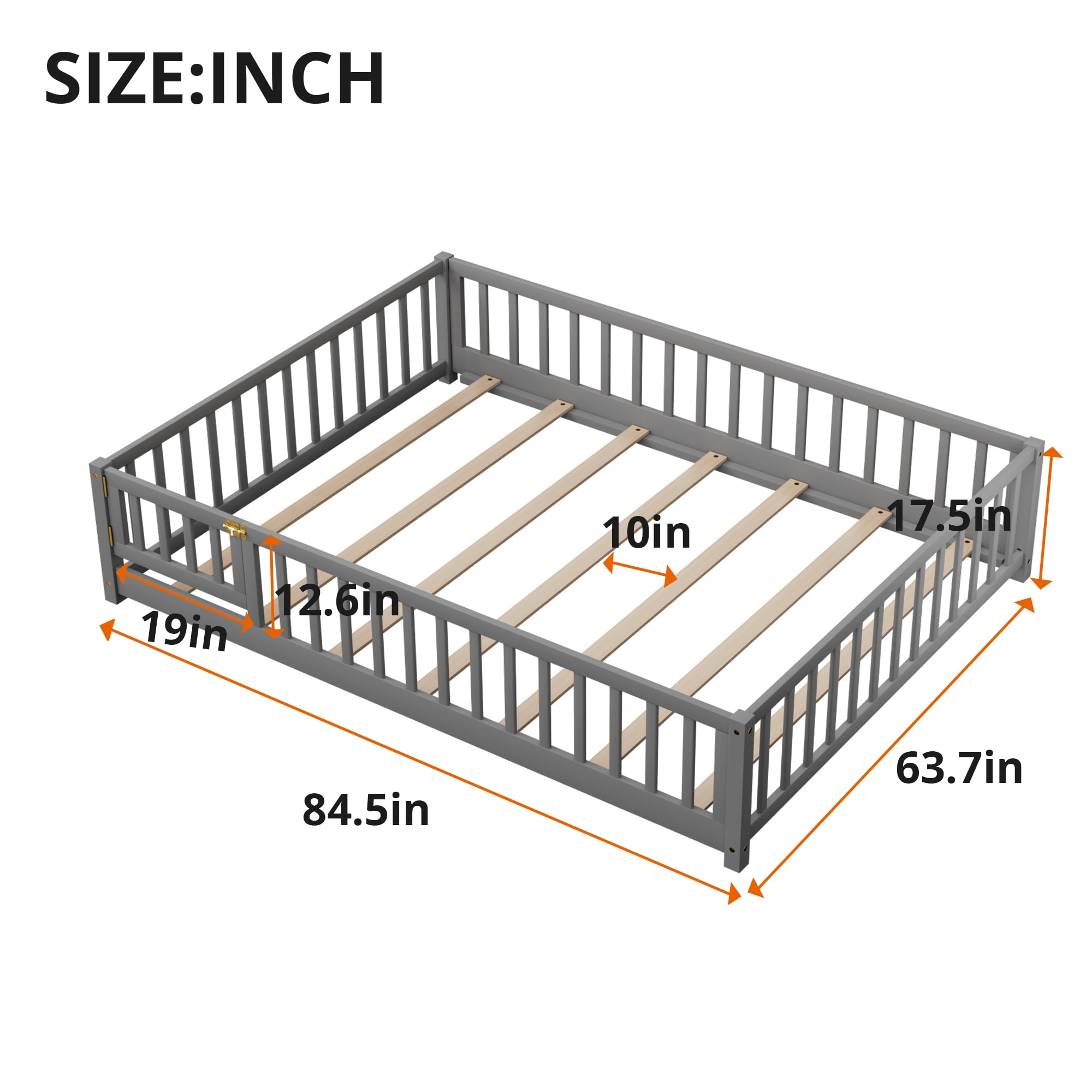 Queen Size Floor Bed, Wood Montessori Bed Frame with Fence Guardrails and & Support Slats, Queen Playhouse Bed with Door Design, Gray