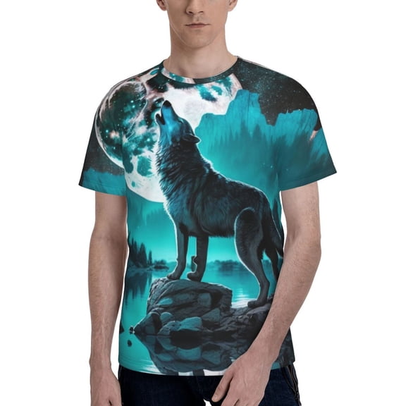 Men's Graphic T Shirt Short Sleeve Summer Casual Tee, Wolf Howling River Night Moon Cool