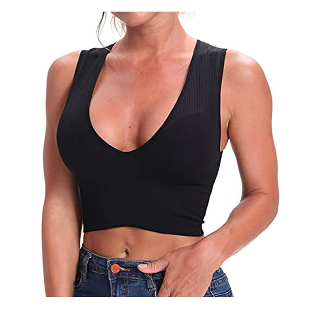 Women's Sleeveless Seamless Crop Top Deep Plunge V Neck Ribbed Tank Top  with Removable Pads (Black, M) 