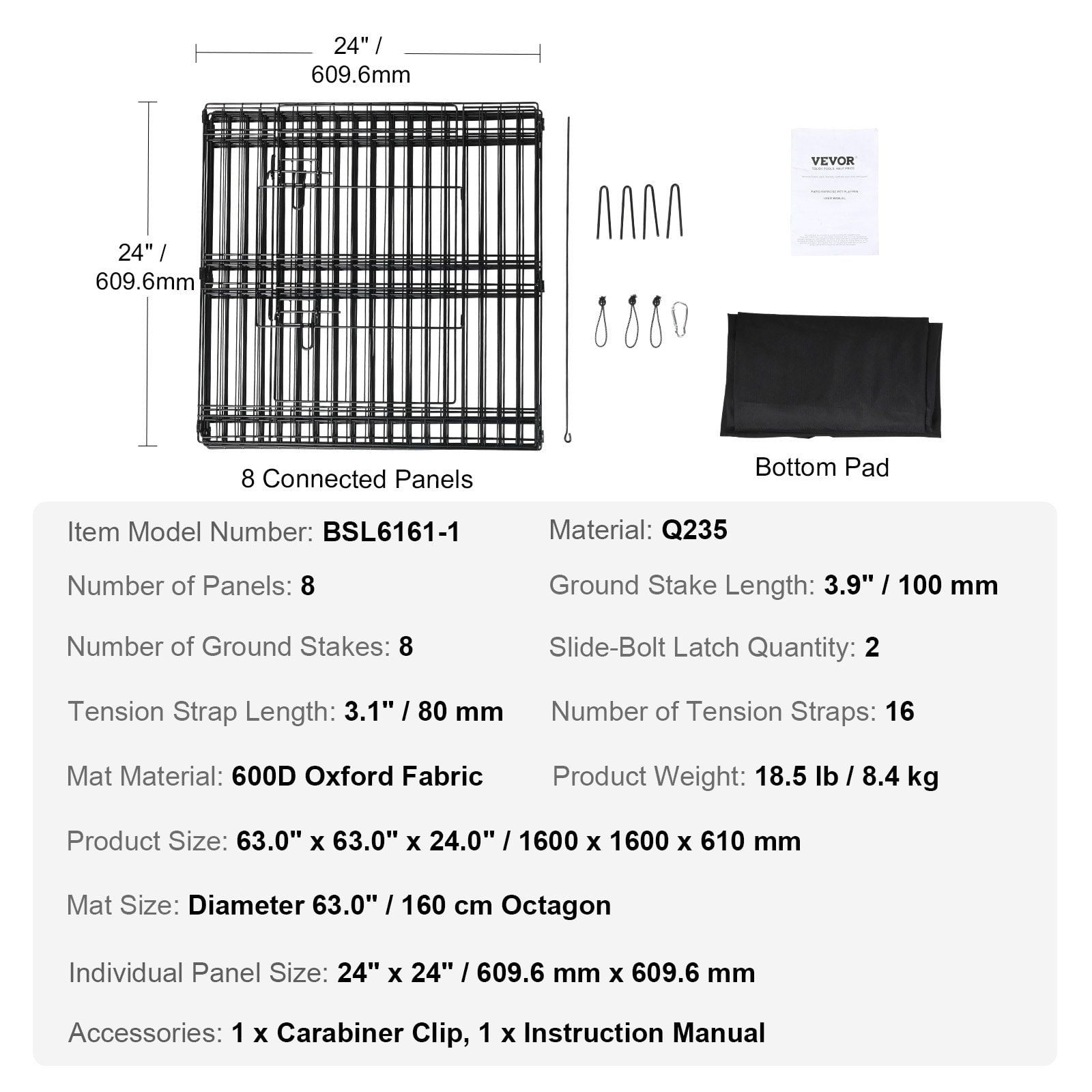 8-Panel Foldable Dog Playpen with 24 Inch Height and Waterproof Oxford Bottom Pad, Indoor Outdoor Pet Fence for Small Medium Dogs, Includes Ground Stakes for Camping Backyard Use