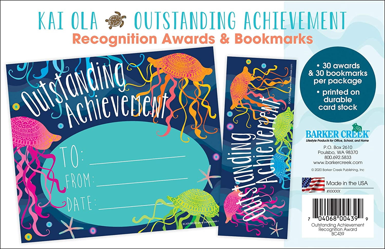 Barker Creek Recognition Awards and Bookmarks, Kai Ola Outstanding Achievement, 30 Awards and 30 Bookmarks, Awards are 6-3/8" x 5-1/2", Bookmarks are 2-1/8" x 5-1/2" (439)