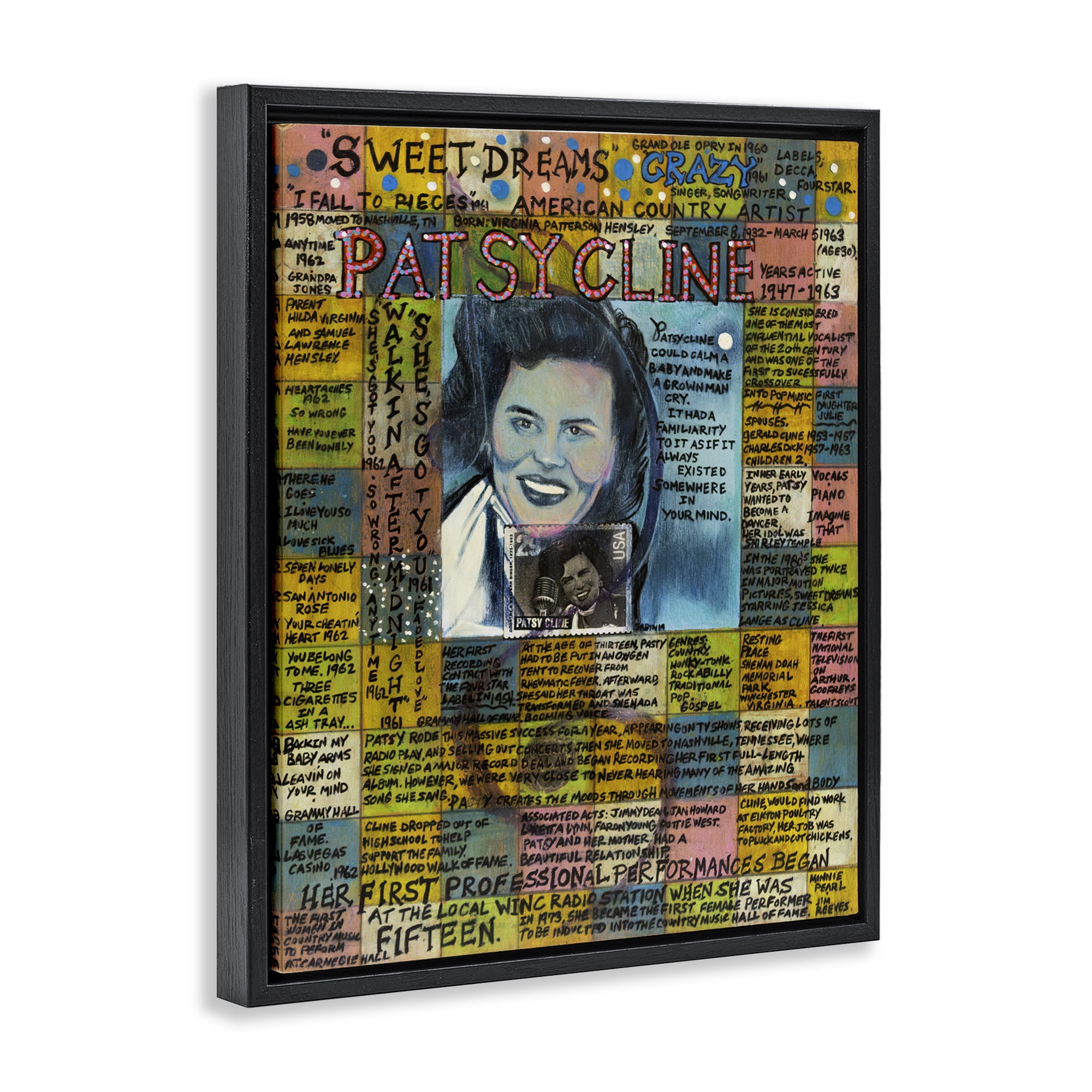 Stupell Industries Patsy Cline Collage People Drawing Black Floater Framed Canvas Art Print Wall Art, 25 x 31