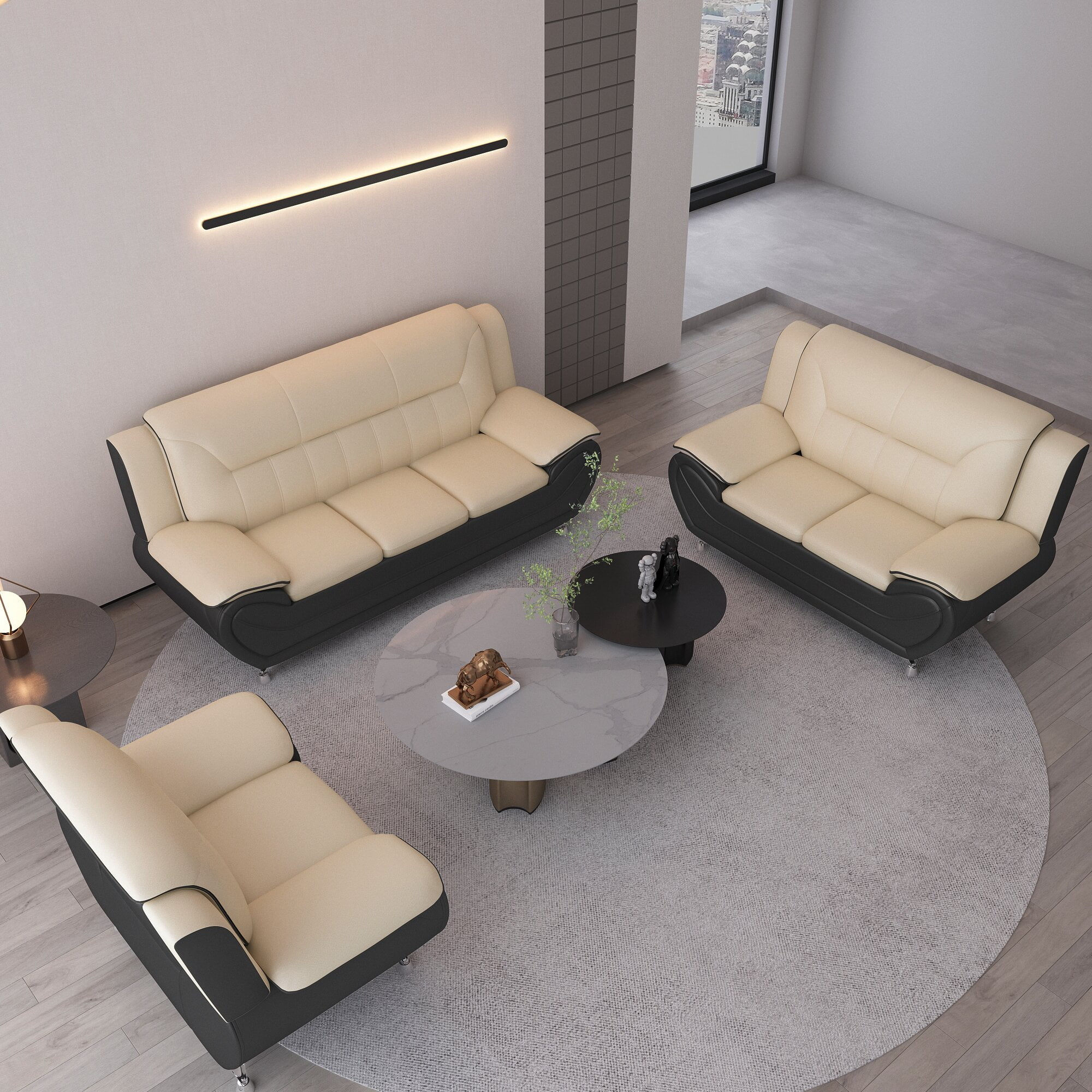 Uspridefurniture Sanuel 3Pcs Faux Leather Living Room Sets, Camel/Black