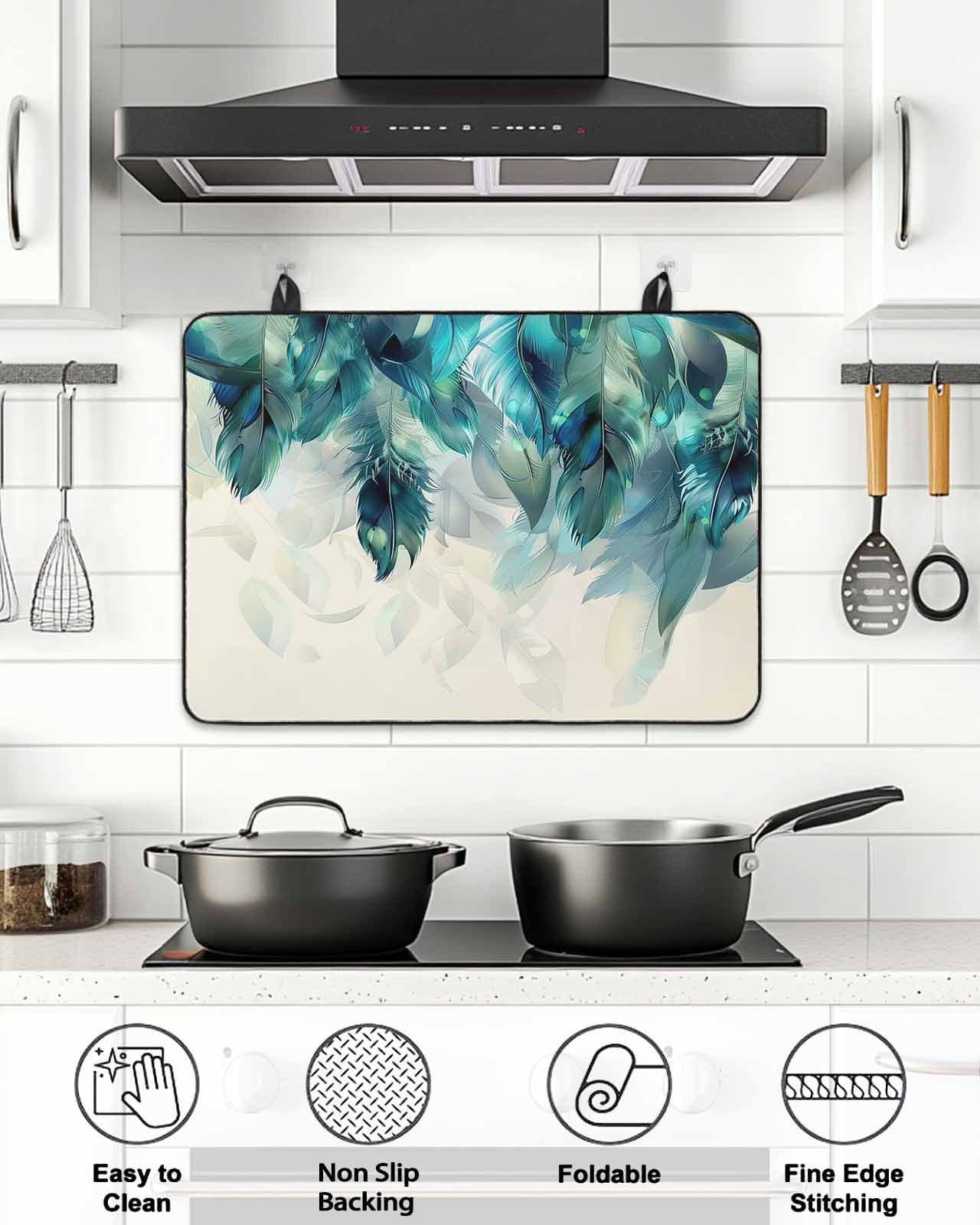 Stove Top Covers for Electric Stove, Teal Feather Glass Stovetop Cover Protector, Farmhouse Feather Art Teal Ombre Induction Cooktop Protector Oven Mat for Kitchen Countertop 24"x21"
