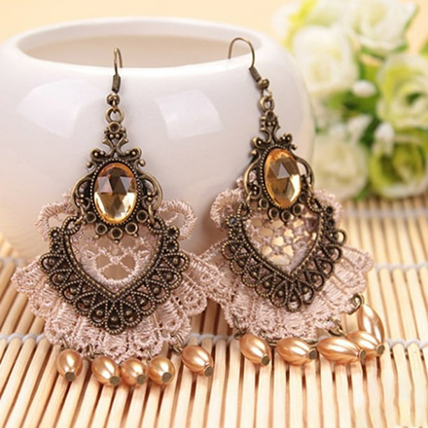 1 Pair Halloween Earrings Hollow Out Lace Exaggerated Jewelry Tassels  Rhinestone Hook Earrings for Halloween 