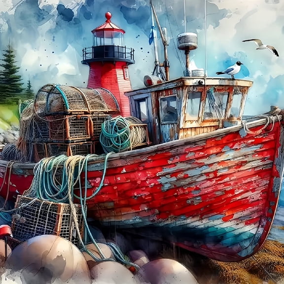 BYGFHLYW 5D Diamond Painting Kits for Adults, Lighthouse & Red Boat Full Drill DIY Art Craft, Home Wall Decor Gift 14x14inch