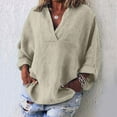 thumbnail image 2 of Womens V Neck Shirts Linen Cotton Long Sleeve Blouse Tunic Tops Cover Up Shirt Loose Beach Bikini Dress Beige L, 2 of 6