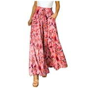 eileial Women Wide Leg Pants High Waisted Floral Boho Palazzo Culottes Casual Flowy Tie Knot Trousers with Pockets,Hot Pink XXL
