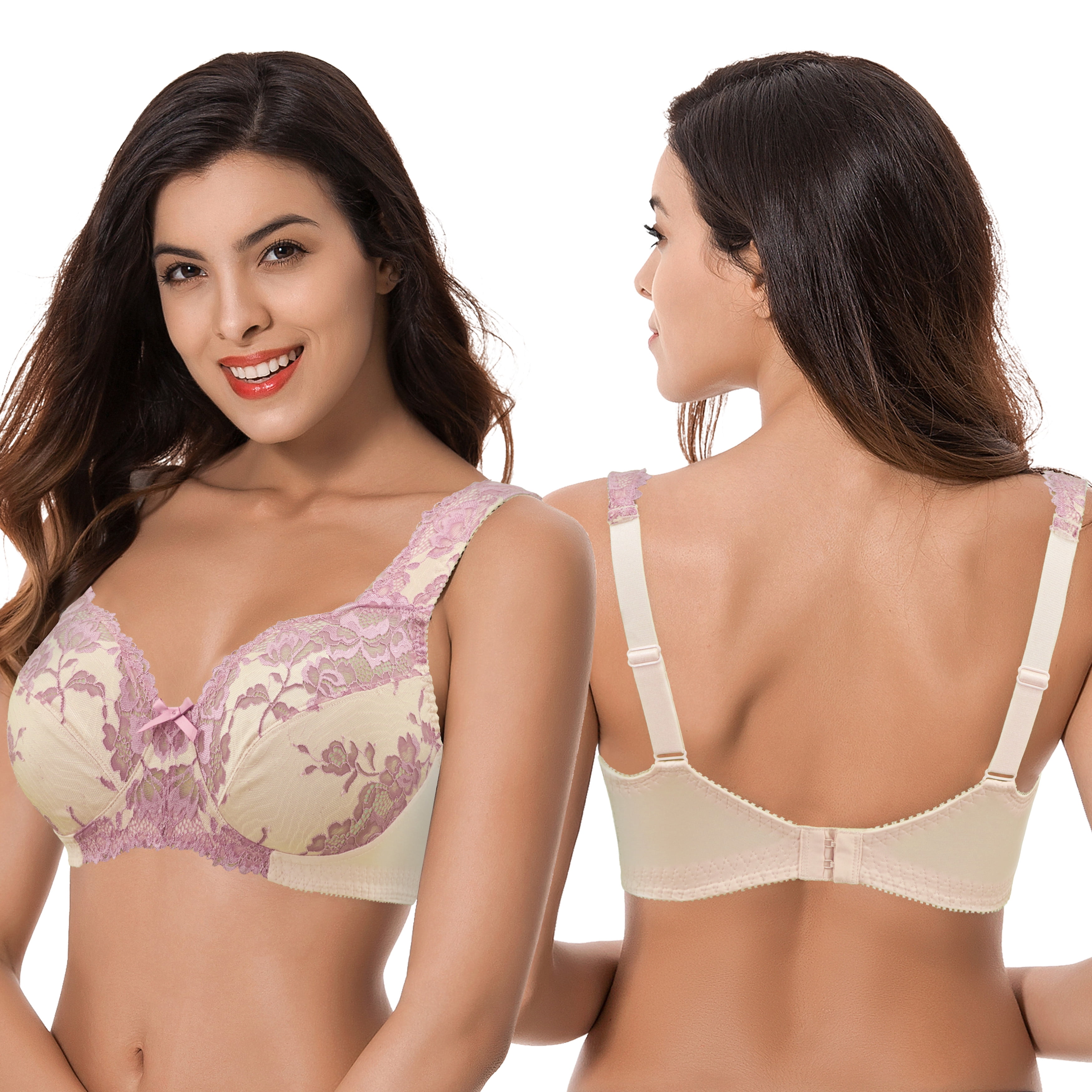 Curve Muse Women's Plus Size Minimizer Unlined Wireless Lace Full Coverage Bras-2Pack-DEEP LICHEN GREEN,NUDE-34B