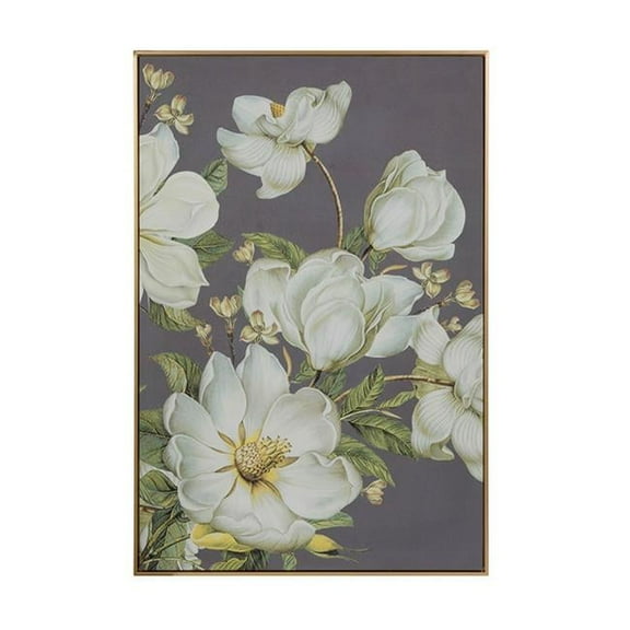 Benjara Nia 32 x 47 Flower Wall Art Decor- Microfiber- Pine Wood- White- Green