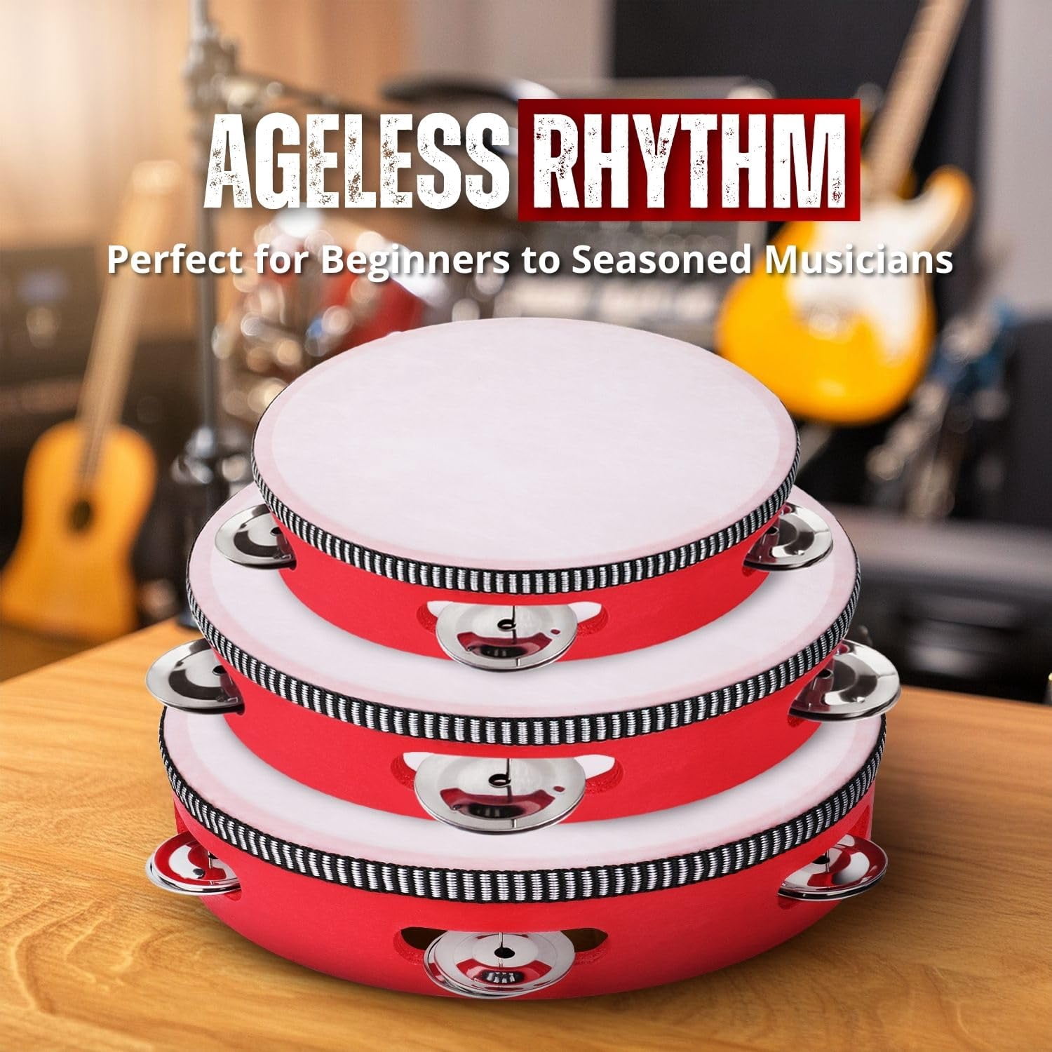 Flexzion Wooden Round Tambourine for Kids and Adults 10, 8, 6-Inch Single Row 8 Pair Jingles, Red Handheld Percussion Instrument for Beginner and Professional Tambourine Player, 3 Pack