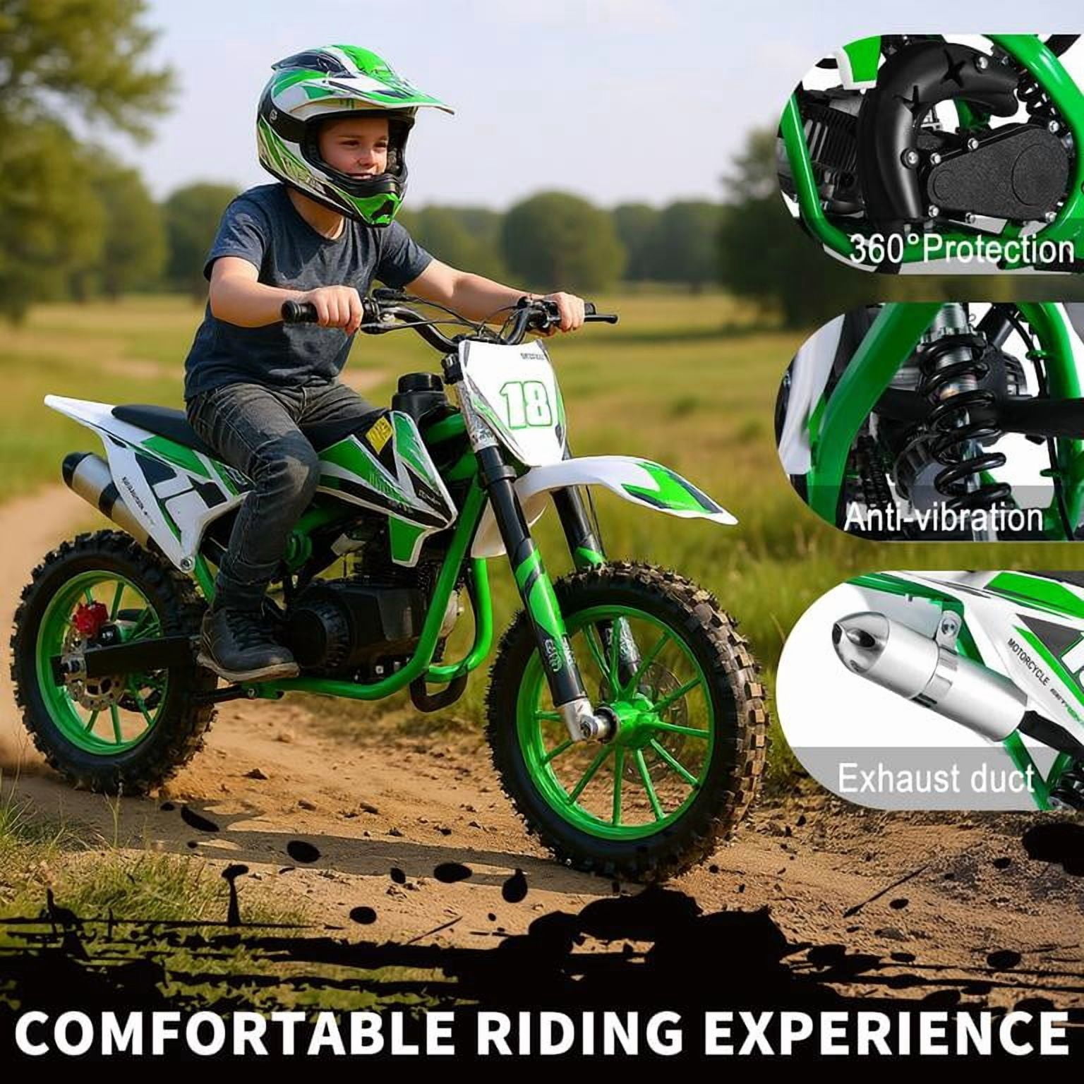 Korogimeeet Gas Powered Green Mini Dirt Bike 49cc 2-Stroke, 10 Inch Tires, Front Rear Disc Brakes, Full-Circle Crankshaft Engine, Smooth Acceleration, 47 x 28 Inch