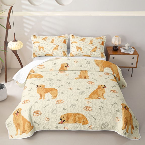 Homewish Golden Retriever Animal Twin Quilt Set,Dog Paws Bone Twin Coverlet Set,Yellow,2 Pieces