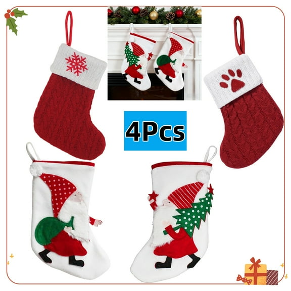 Christmas Stockings 4Pcs Red White Knit Stocking Winter Dog Paw Snowflakes Santa Stockings Gift Holding Bag Knitted Christmas Stockings Holiday Festive Christmas Hanging Decoration