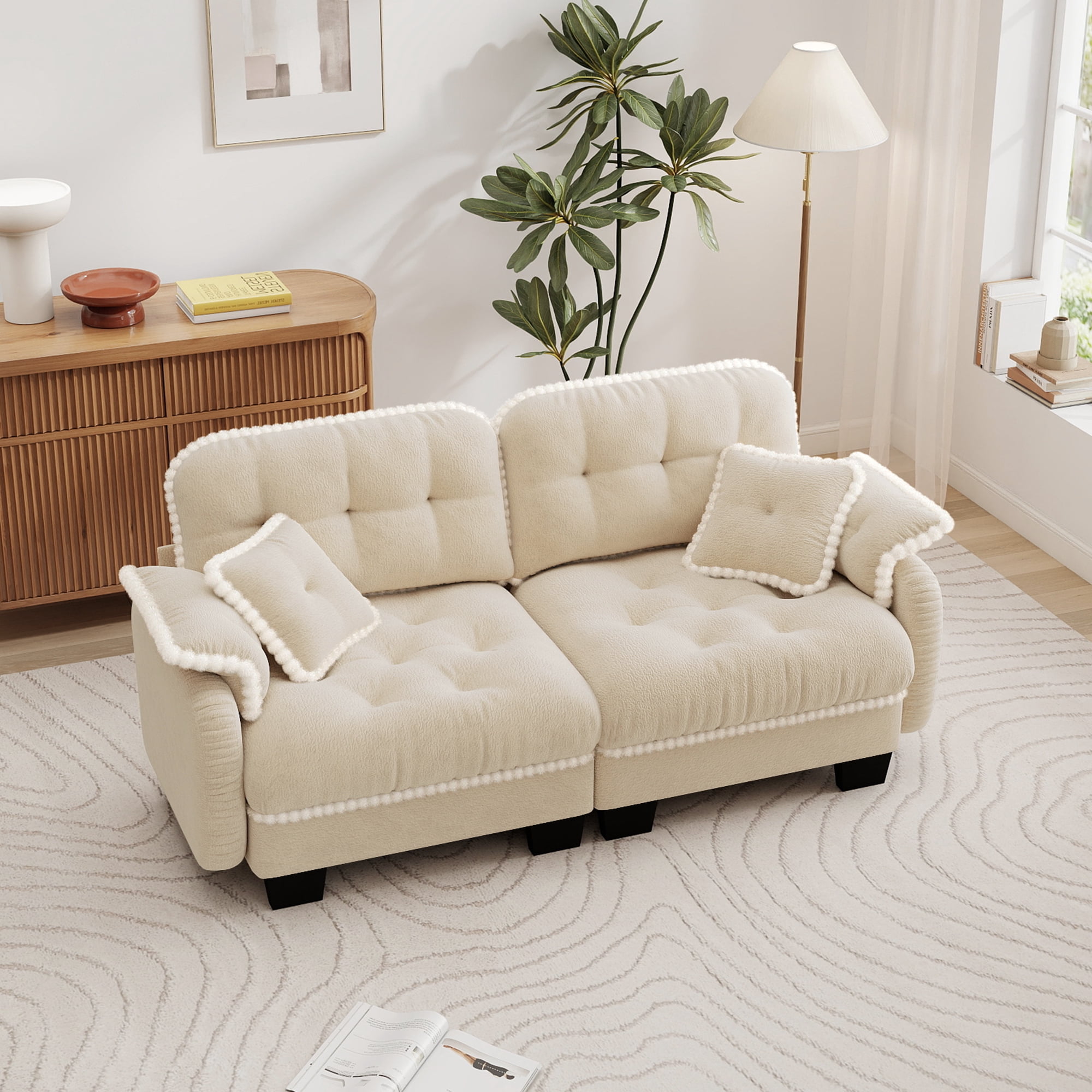 Aenkyo 70" Chenille Modular Loveseat with 23.8" Deep Seat and Pom-Pom Trim, Beige