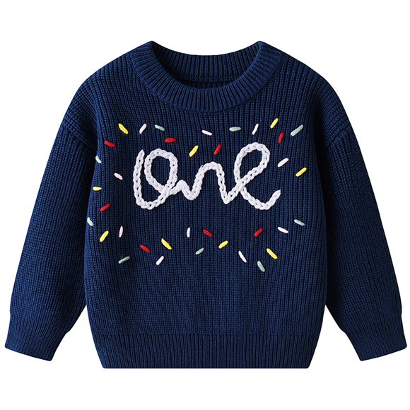 SGMVNU Girls Letter Pattern Sweaters Long Sleeve Crewneck Knitted Cute Embroidered Pullover Sweater Chunky Knit Tops(Size 3-6 Months,Dark Blue)